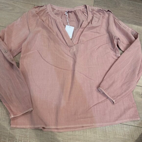 Barrymore Button Sleeve Blouse Ecru Small Dusty Rose Lightweight Cotton NEW - Picture 2 of 9